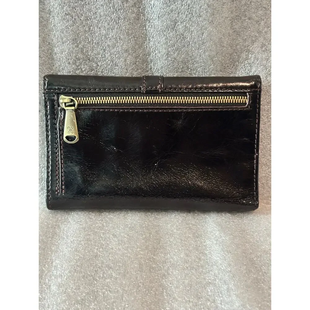 EUC Hobo International Black Leather Trifold Wallet Organizer Brass Hardware
